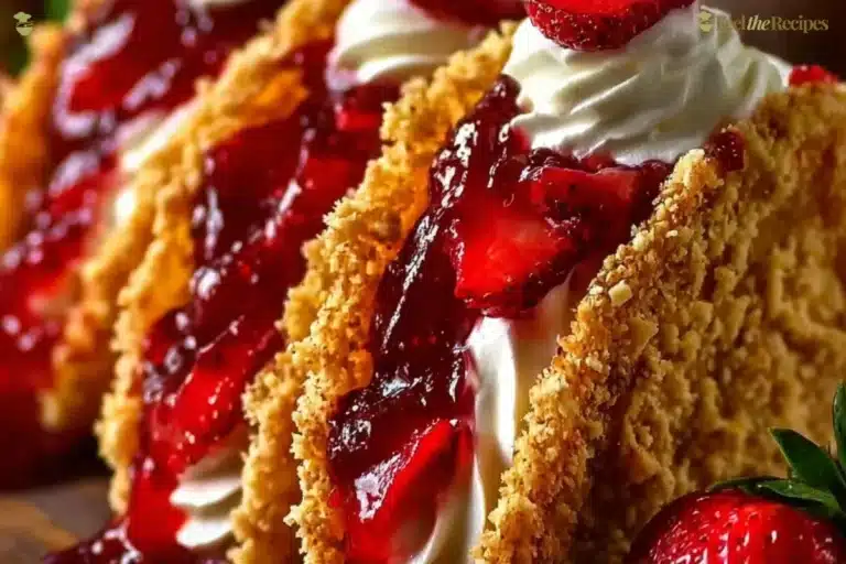 Strawberry crunch cheesecake tacos served on a plate with fresh strawberries