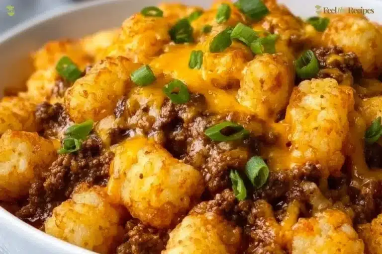 Delicious tater tot casserole served in a skillet, topped with cheese and ground beef