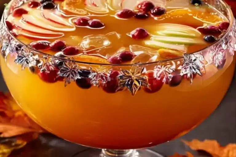 Colorful Thanksgiving Punch served in a festive glass with seasonal decorations.