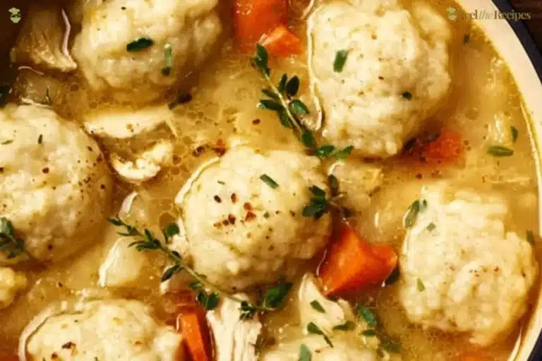 Bowl of chicken and dumplings made with tender chicken and fluffy dumplings