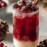 Vanilla Cranberry Crush Mocktail in a glass with fresh cranberries and vanilla pods