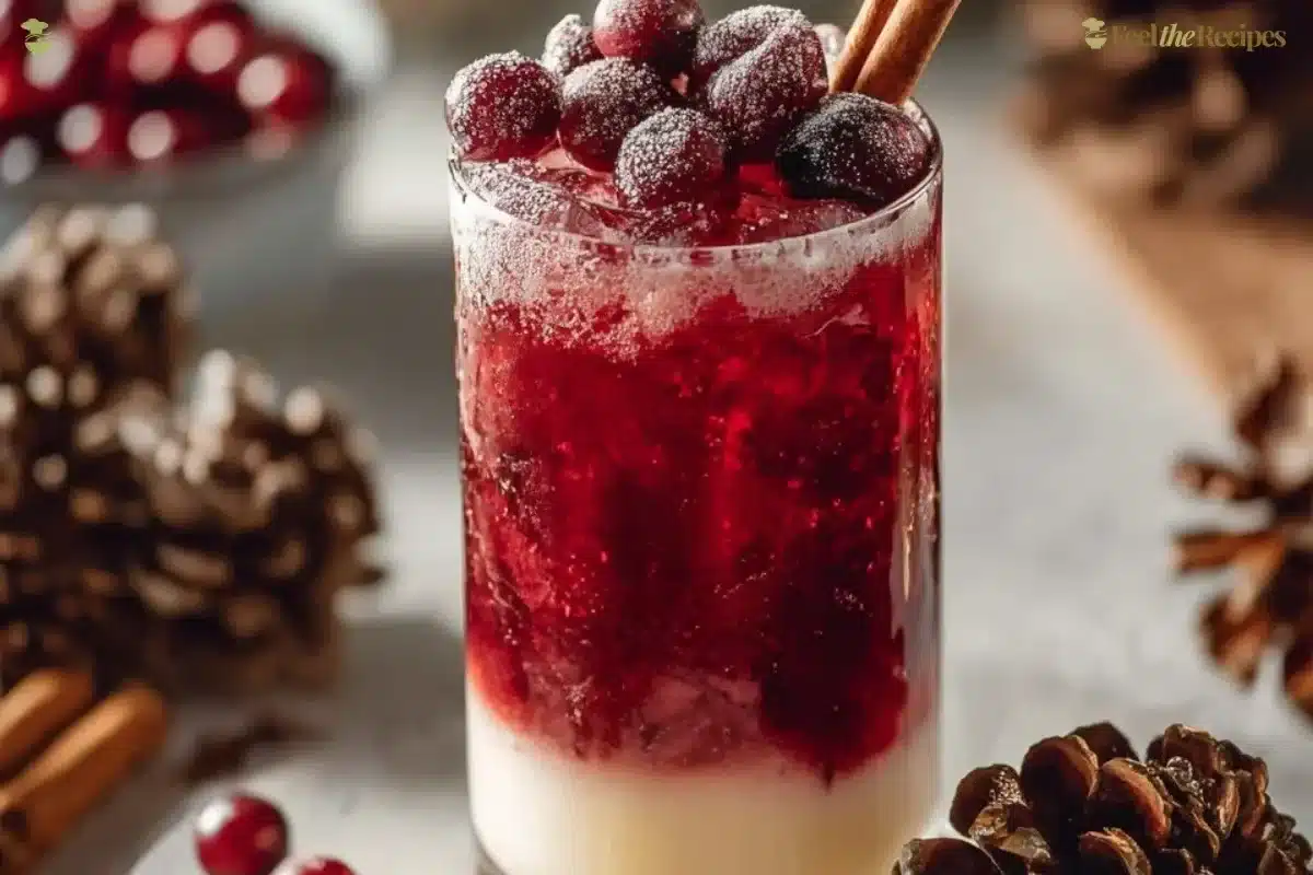 Vanilla Cranberry Crush Mocktail in a glass with fresh cranberries and vanilla pods