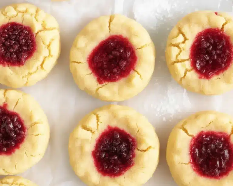 Delicious raspberry thumbprint cookies on a baking tray, showcasing perfect spread.