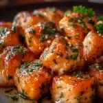 Air Fryer honey garlic salmon bites served on a plate with vegetables
