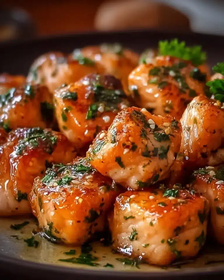 Air Fryer honey garlic salmon bites served on a plate with vegetables