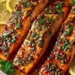 Air fryer honey garlic salmon served on a plate with herbs and lemon slices