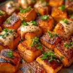 Delicious Bang Bang Salmon Bites served with spicy sauce and garnishes