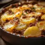 Delicious Beef and Potato Casserole topped with cheese and herbs