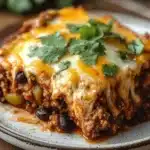 Delicious beef enchilada casserole served with toppings.