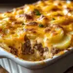 Delicious cheesy hamburger potato casserole served in a baking dish