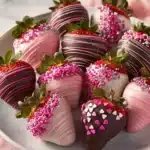 Delicious chocolate covered strawberries drizzled with white chocolate.