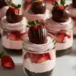 Chocolate Strawberry Mousse Cake Parfait served in a glass.