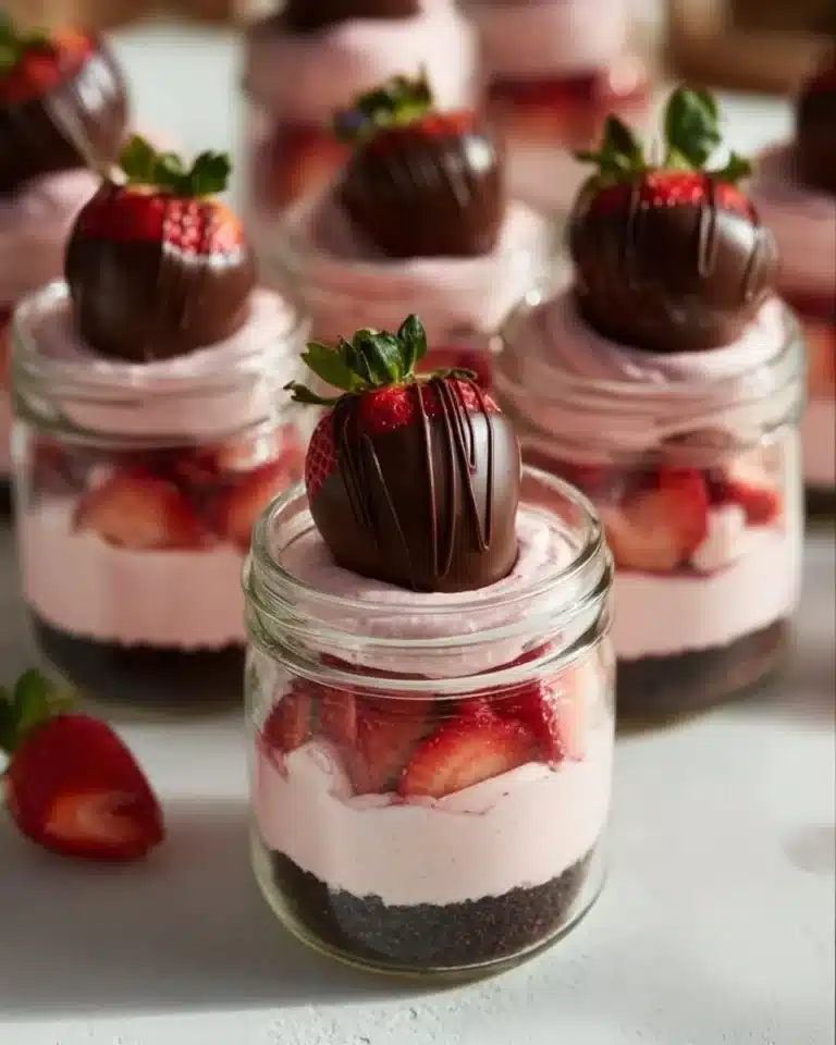 Chocolate Strawberry Mousse Cake Parfait served in a glass.