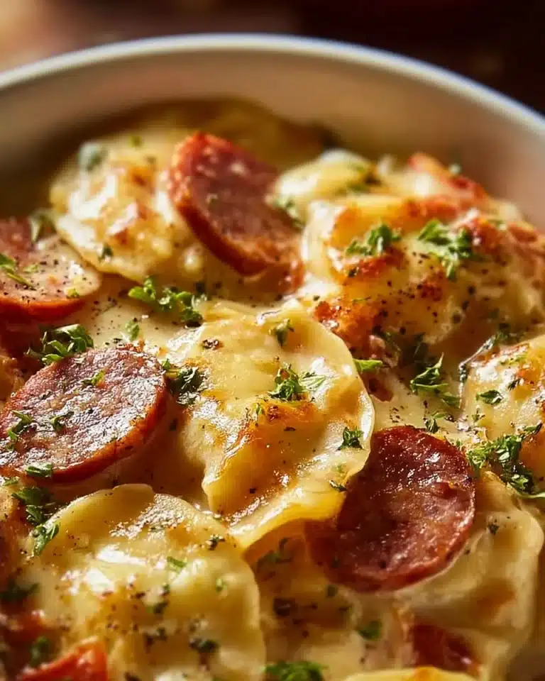 Delicious Crockpot Pierogi Casserole with Kielbasa served in a bowl