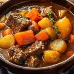 A hearty classic old-fashioned beef stew in a rustic bowl, garnished with herbs.