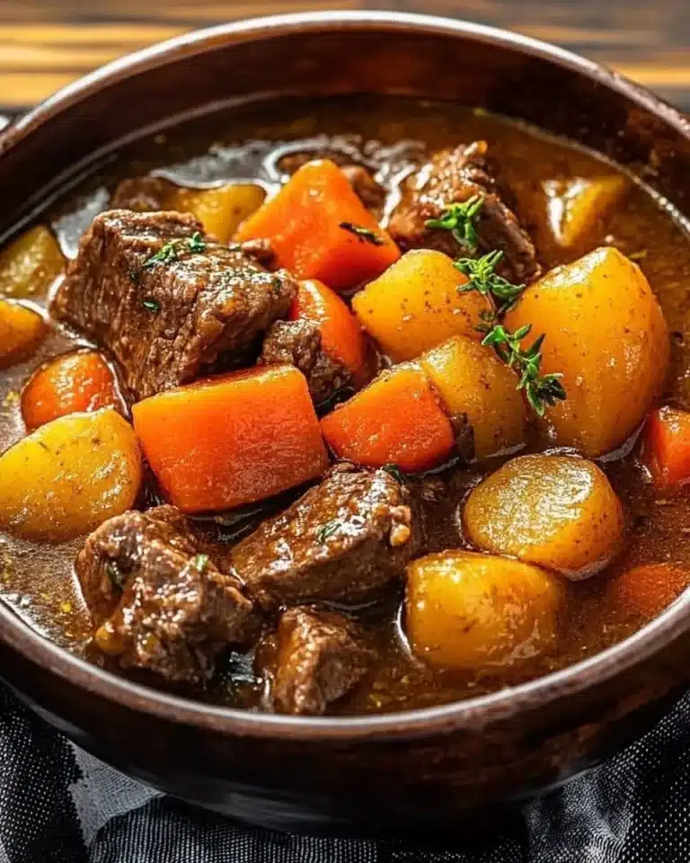 A hearty classic old-fashioned beef stew in a rustic bowl, garnished with herbs.