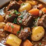 Delicious bowl of comforting crockpot beef stew with vegetables and herbs