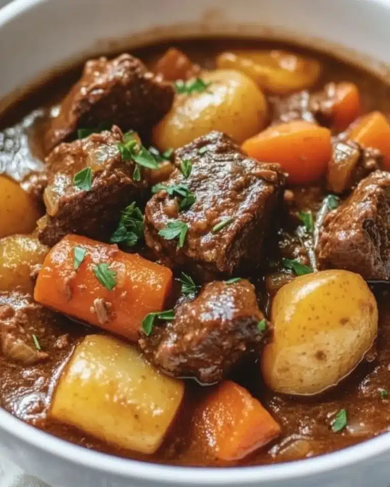 Delicious bowl of comforting crockpot beef stew with vegetables and herbs