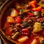 Bowl of hearty Cowboy Soup with vegetables and beans