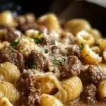 Creamy beef shells in garlic parmesan sauce served in a bowl