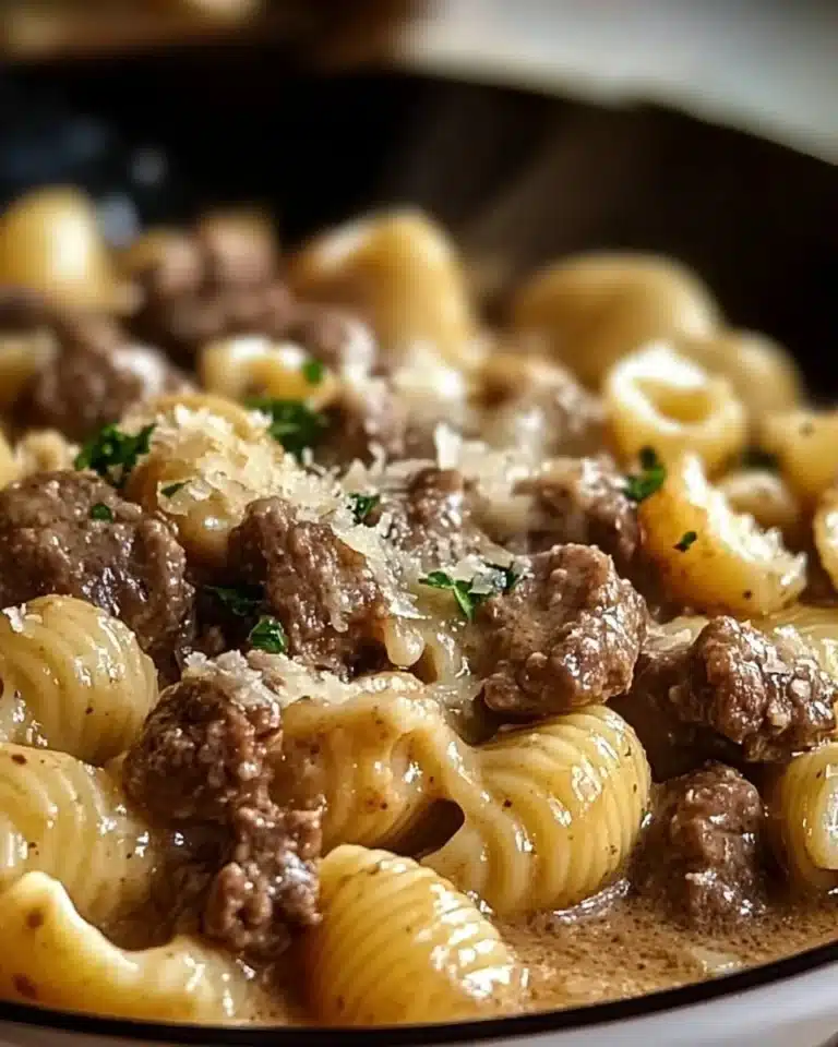 Creamy beef shells in garlic parmesan sauce served in a bowl
