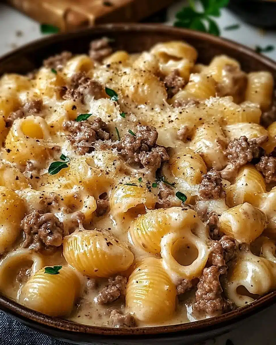 Creamy Beef and Shells in Garlic Parmesan Sauce