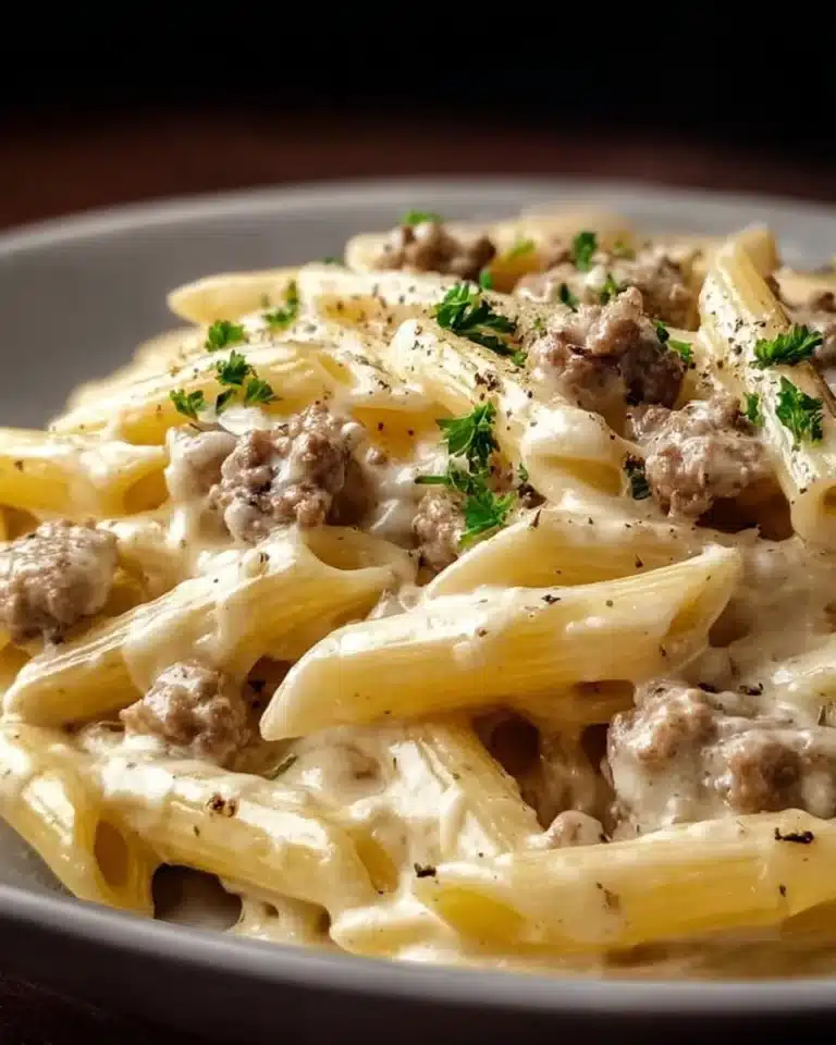Creamy ground beef alfredo pasta dish served with fresh parsley