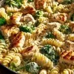 Creamy rotisserie chicken broccoli pasta dish garnished with parsley