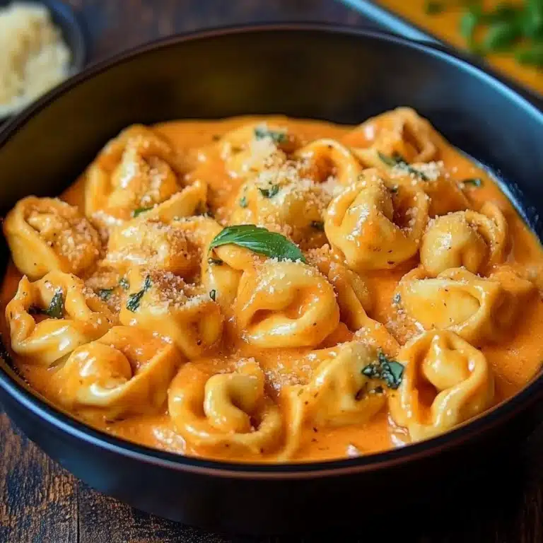 CrockPot Chicken Tortellini in a bowl garnished with herbs