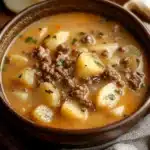 Crockpot creamy potato and hamburger soup cooked in a slow cooker