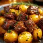 Crockpot Garlic Butter Beef Bites served with potatoes