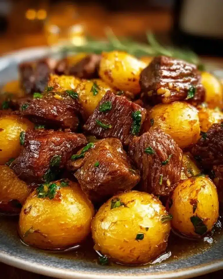 Crockpot Garlic Butter Beef Bites served with potatoes