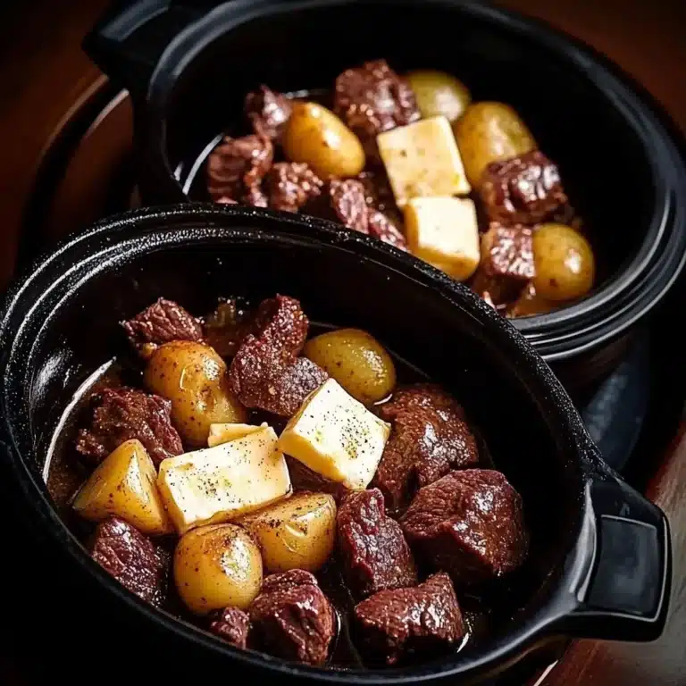 Crockpot Garlic Butter Beef Bites with Potatoes served in a bowl