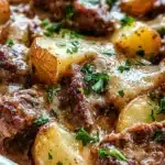 Crockpot Loaded Steak and Potato Bake with melted cheese and herbs