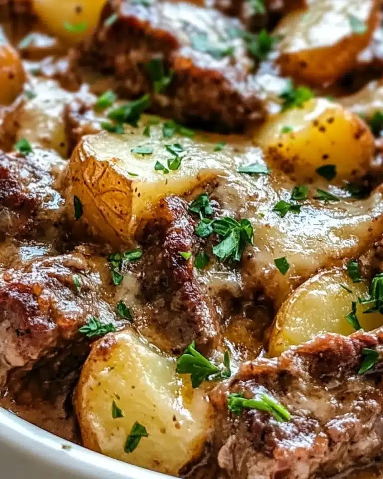 Crockpot Loaded Steak and Potato Bake with melted cheese and herbs
