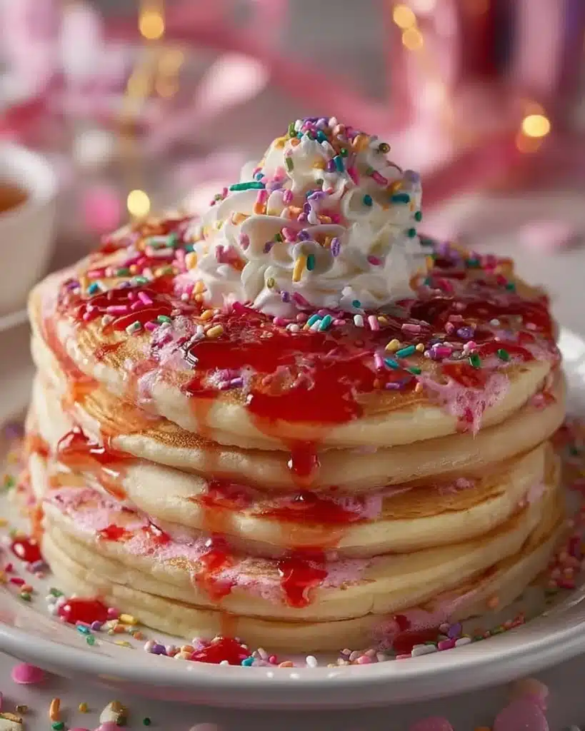Valentine's Funfetti pancakes topped with sprinkles and syrup on a plate