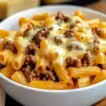 Bowl of easy Crockpot cheesy crack beef pasta topped with cheese and herbs