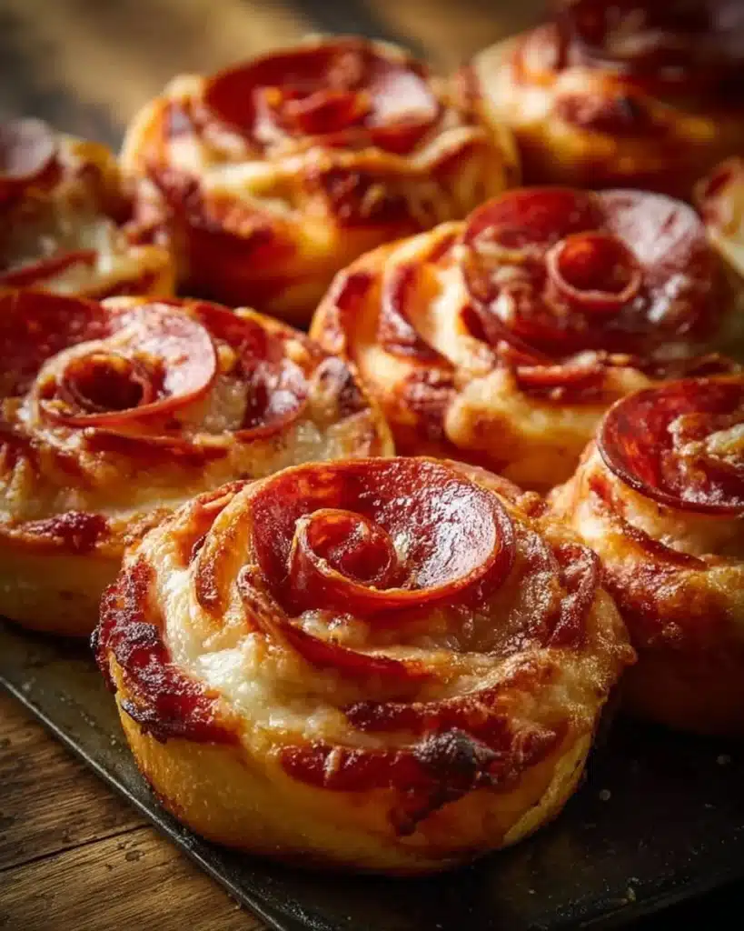 A tray of beautifully arranged easy pizza roses made from dough and toppings.