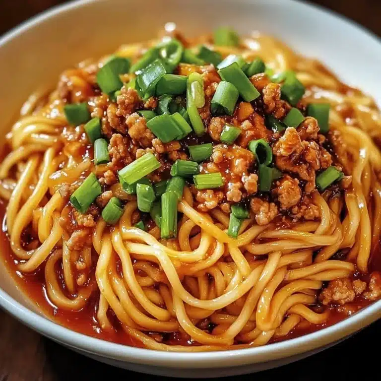 Bowl of effortless Szechuan noodles topped with fresh vegetables and herbs