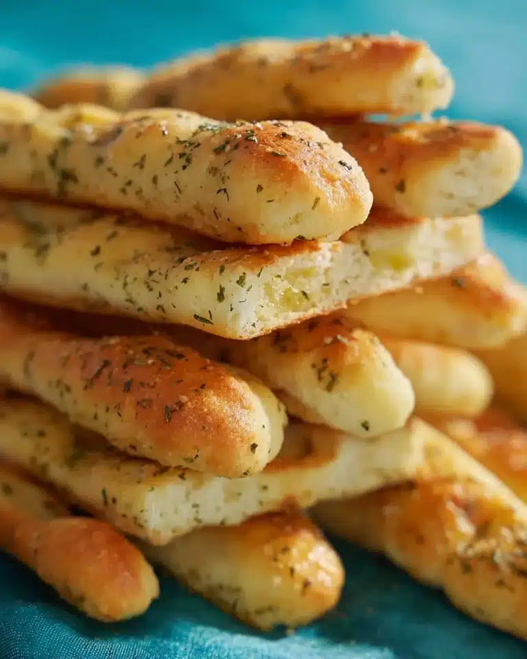 Freshly baked fluffy garlic butter breadsticks on a wooden table