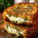 Delicious garlic bread grilled cheese sandwich, toasted to perfection.