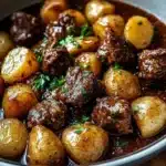 Delicious Garlic Butter Beef Bites with Baby Potatoes served on a plate