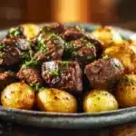 Garlic Butter Beef Bites served with crispy potatoes on a plate.