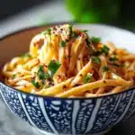 Delicious Garlic Chili Oil Noodles garnished with green onions and sesame seeds