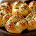 Delicious homemade garlic knots topped with parsley and garlic butter