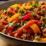 Ground turkey dish with colorful peppers served in a bowl