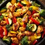Healthy chicken skillet with vegetables served in a pan