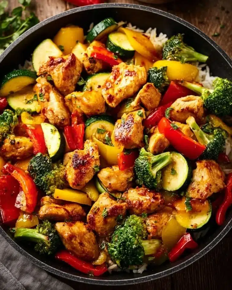 Healthy chicken skillet with vegetables served in a pan