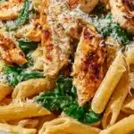 Plate of healthy Garlic Parmesan Chicken Pasta with fresh herbs.
