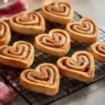 Delicious heart-shaped cinnamon rolls freshly baked with icing